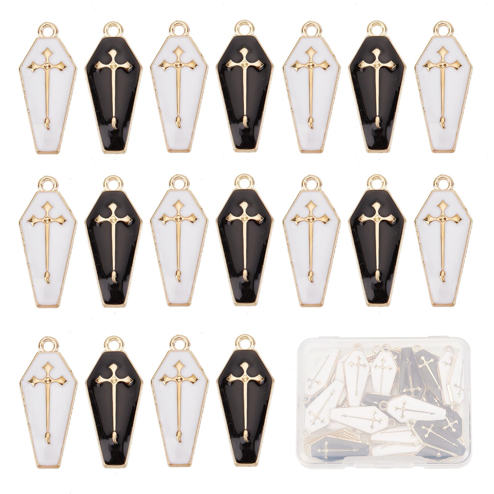 SUNNYCLUE 1 Box 30Pcs Coffin Charms Gothic Style Halloween Enamel Charm Black White Golden Cross for jewellery Making Cham Necklace Earrings Bracelets Keychain Men Women DIY Supplies — image 1