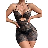 Foxiny Sexy Chain Sheer Mesh Ruched Bodycon Mini Lingerie Dress with Thong 2 Piece Set Outfits