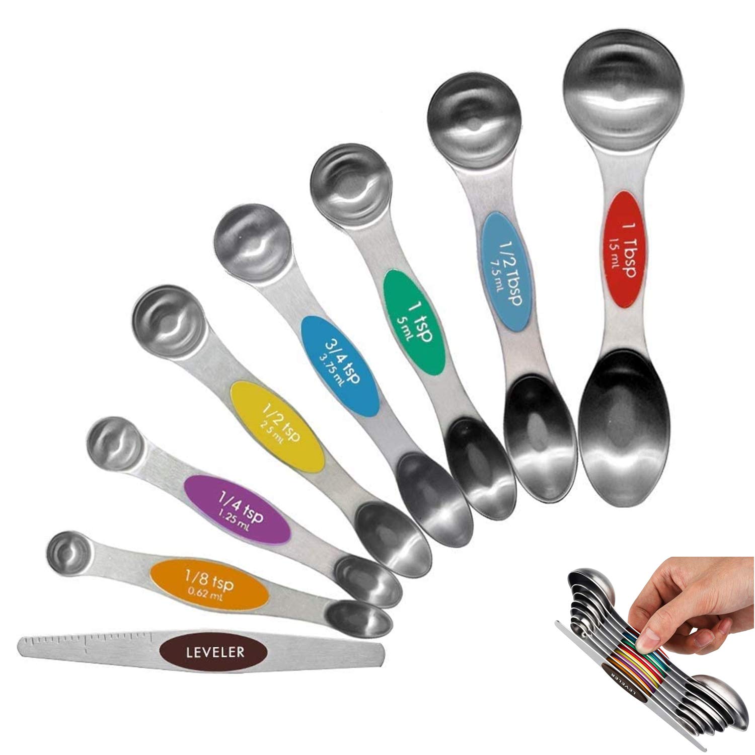 Meiyijia Magnetic Measuring Spoons Stainless Steel Stackable Dual Sided Teaspoon and Tablespoon for Measuring Dry and Liquid Ingredients (8 Piece)