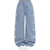 BEAUDRM Girl's Bow Graphic Wide Leg Jeans Elastic High Waisted Baggy Denim Pants with Pockets