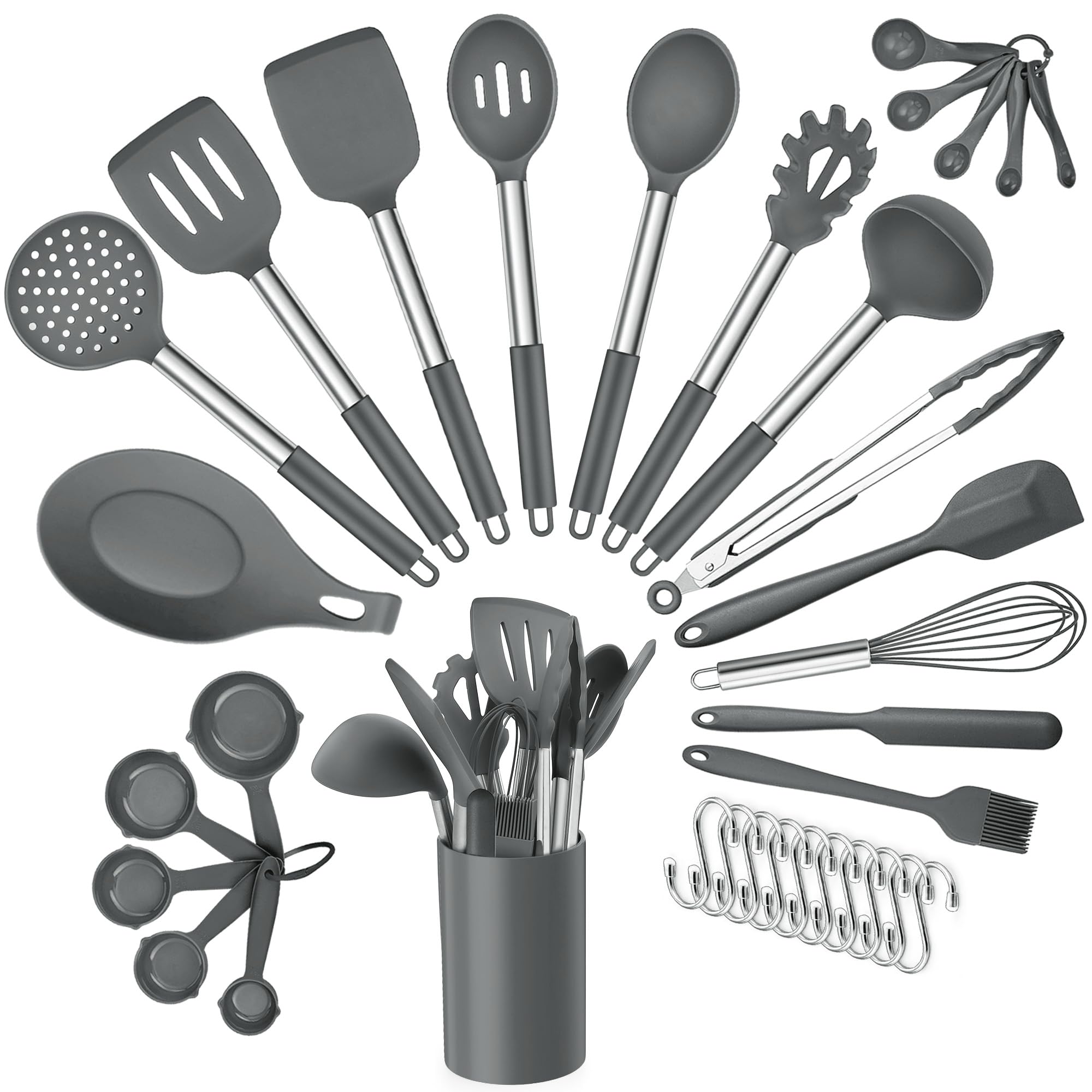 Joyfair Kitchen Utensil Set, 34 Pcs Silicone and Stainless Steel Cooking Utensils Set with Holder, Heat Resistant Kitchen Tool Accessories Include Spatulas Spoons Ladles for Non Stick Cookware, Grey