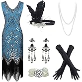 20s Flapper Gatsby Sequin Beaded Evening Cocktail Dress with Accessories Set