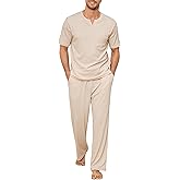 JiniGolla Mens Pajamas Set Soft Short Sleeve Top and Pant Loungewear Sets 2 Piece Pjs with Pockets