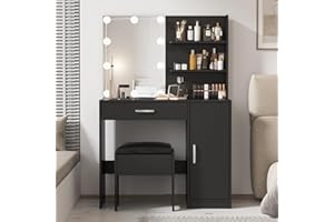 VABCHES Makeup Vanity with Lighted Mirror, Desk Drawer and Storage Cabinet, Dresser Mirror Dressing Table for Bedroom, Bathroom, Black