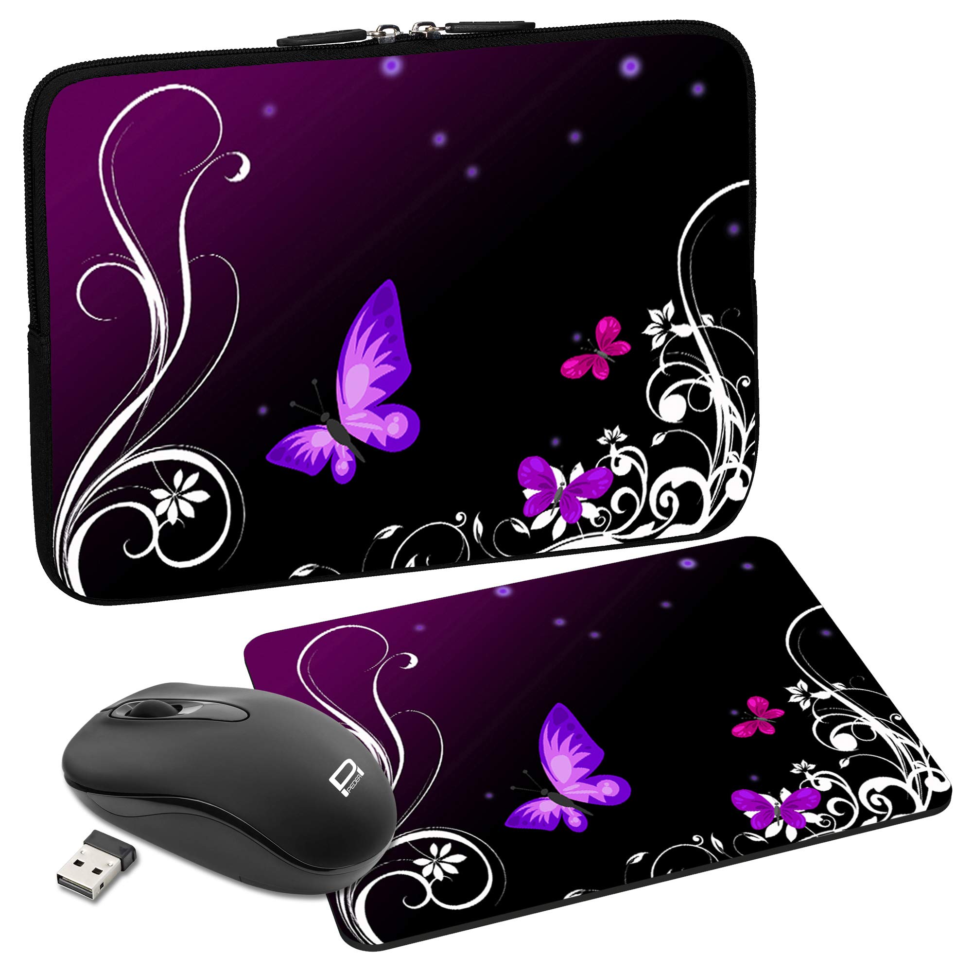 Pedea Designer Protective Notebook Bag up to 17.3 Inches (43.9 cm) with Mouse Pad and Wireless Mouse Purple Butterfly