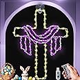 Cross with Drape Window Light 12in Hanging Outdoor He is Risen Lent Decoration Light Jesus Door Sign Decoration Lights Religious Cross Sign with Suction Cup Religion Party Supplies
