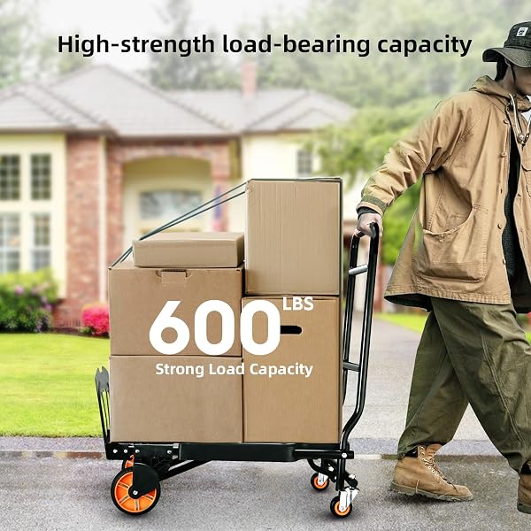 FOLDING HAND TRUCK,500LBS CAPACITY HEAVY DUTY CARRYING HAND CART,IRONTON STEEL HAND TRUCK WITH 4 ROTATE WHEELS,FOR LUGGAGE, MOVING, SHOPPING, OFFICE,TRAVEL USE(ORANGE)