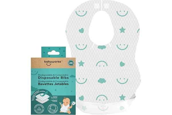 Baby Works Disposable Bibs with Crumb Catcher, 20 Count - Biodegradable and Compostable Baby Bibs - Quilted and Leak-Proof