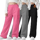 LessonZoo 3 Pack Girls Thermal Fleece Cargo Sweatpants 5-14y 4 Pockets Kid Warm Wide Leg High Waist Baggy Casual Pants Jogger