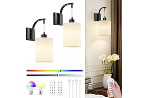 MANGINY Wall Sconces Set of Two Battery Operated, Wireless Rechargeable Wall Lights, Modern Wall Lamps with Remotes and Dimmable RGB LED Bulbs, Indoor Black Sconces Wall Decor for Bedroom Living Room Hallway