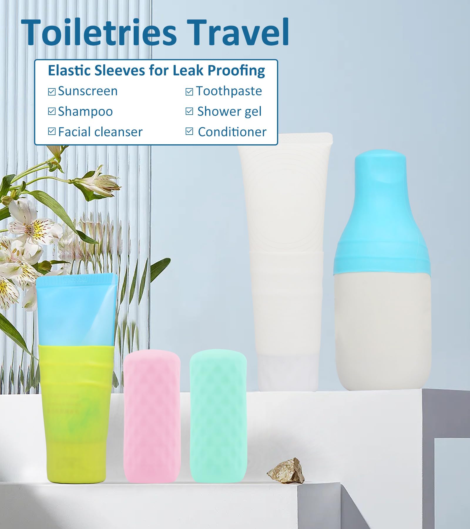 10 Pack Travel Essentials Accessories Silicone Bottle Covers, Cruise Essentials, Beach Vacation Essentials for Women Men, Elastic Sleeves for Leak Proofing, Fit Travel Size Bottles Toiletries