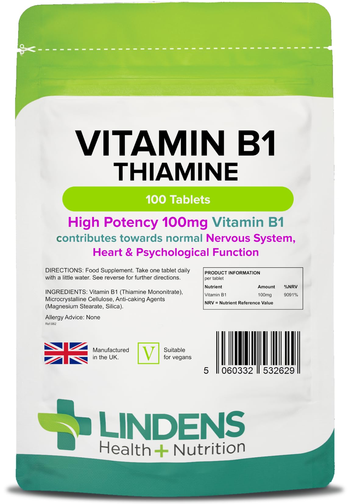 Lindens Vitamin B1 Thiamine Tablets - 100 Pack - for Heart, Immune and Psychological Function & Energy Release - UK Manufacturer, Letterbox Friendly
