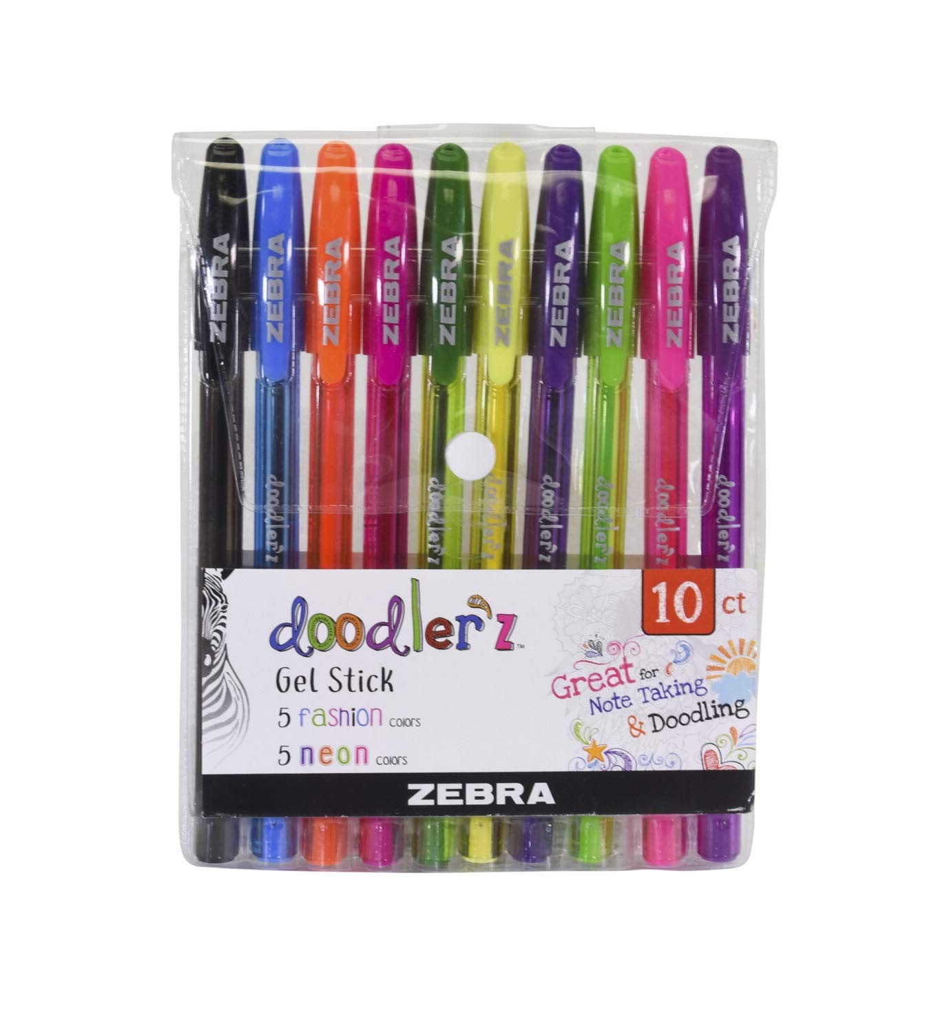 Zebra Pen Doodlerz Gel Stick Pen, Bold Point, 1.0mm, Assorted Neon Colors, 10 Pack
