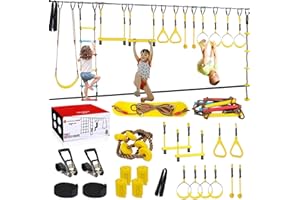 NINJA LINE Ninja Warrior Obstacle Course for Kids,Fast-Setup Buckles—Up to 880 lbs,2x65ft Slack Lines for Backyard with with 14 Ninja Accessories-Swing Seat,Tree Swing,Rope Ladder,Ninja Ring,Arm Trainer