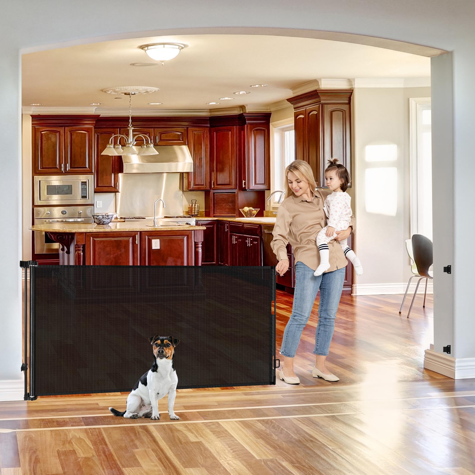 Photo 1 of 75 Inch Extra Wide Retractable Baby Gate for Wide Openings Child Gate Indoor Outdoor Retractable Gate Large Baby Gate Retractable Gates for Dogs Mesh Dog Gate for Stairs, Doorways, Porches, Black