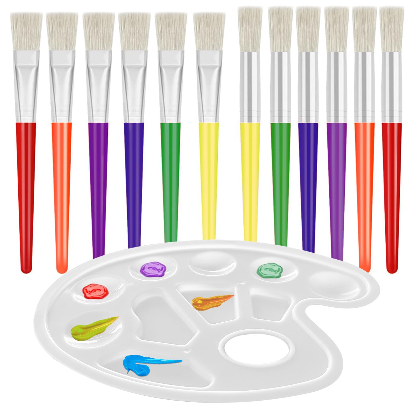 IETWATE 12PCS Kids Paint Brushes, Colorful Paint Brush Set Kids, Round Childrens Paint Brushes, Flat Paint Brush for Children with 2 Palettes, for Childrens Toddlers