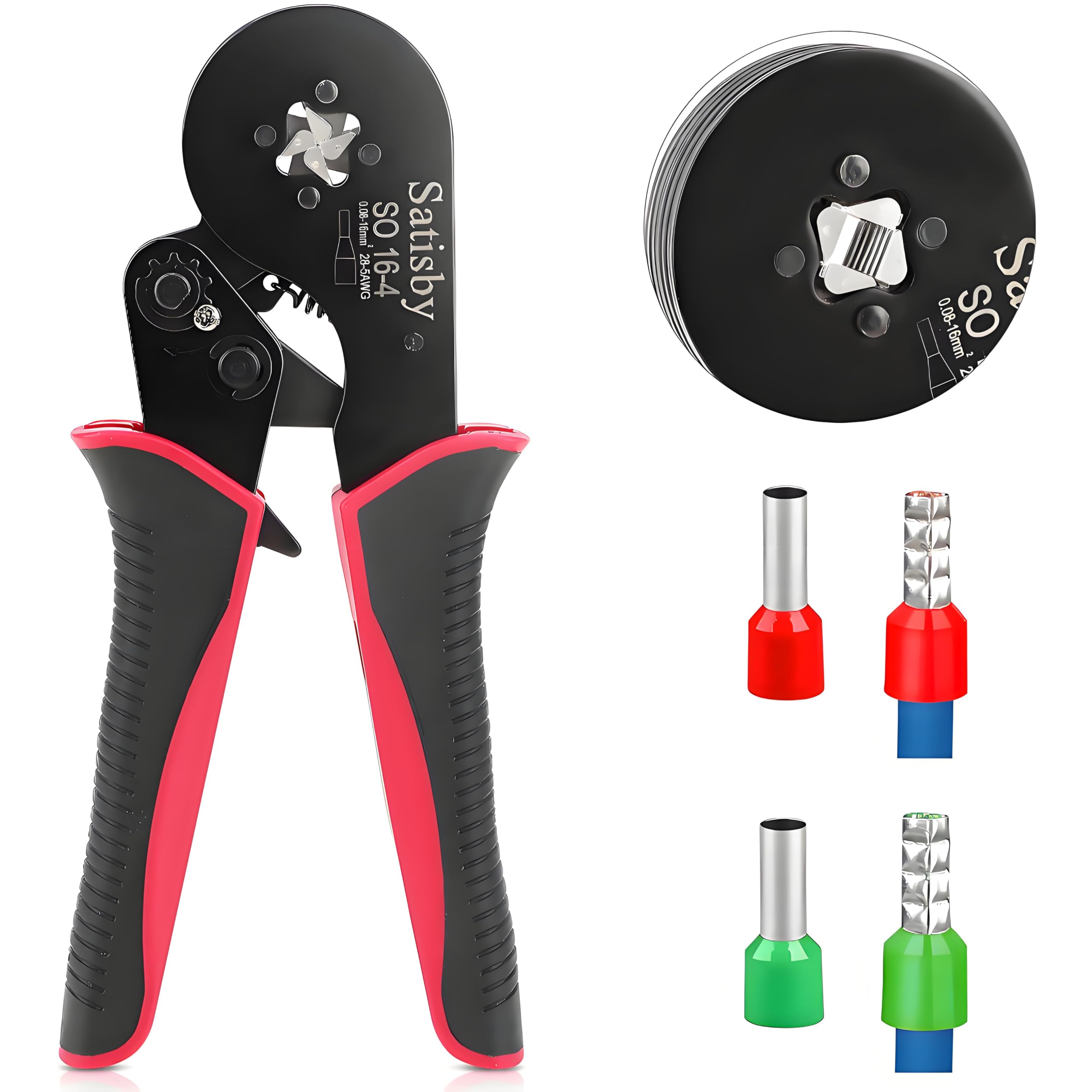 Bootlace Ferrule Crimping Tool,16mm Crimping Tools 0.08-16mm²/AWG28-5,Ratchet Structure Quadrilateral Crimp Jaws with 30PCS 10mm² and 30PCS 16mm² Tinned Brass Bootlace Ferrule