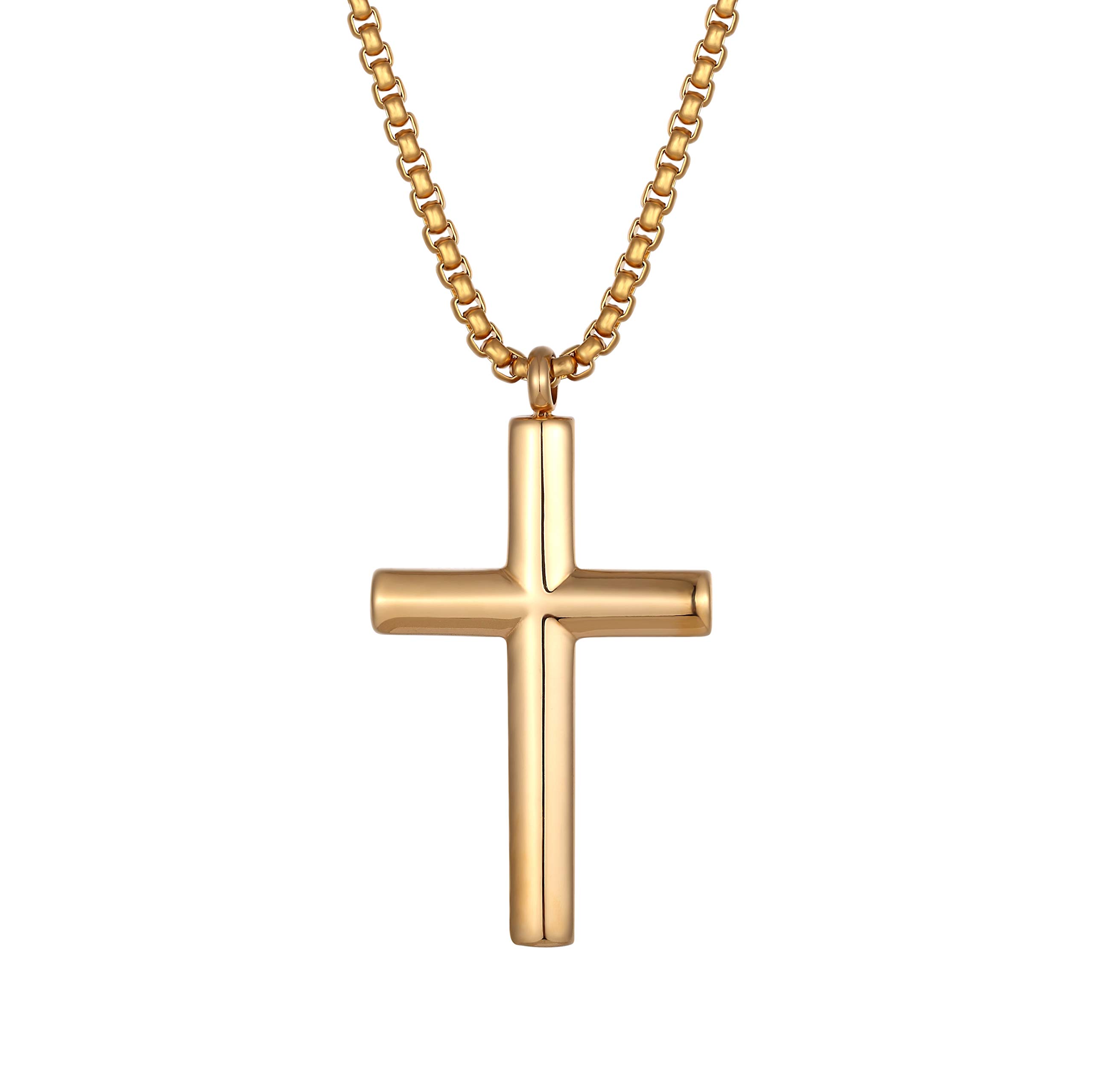 URBAN JEWELRY Radiant Men's Cross Necklace in Polished Gold or Silver Finish Resistant Stainless Steel Pendant and Chain (Gold)