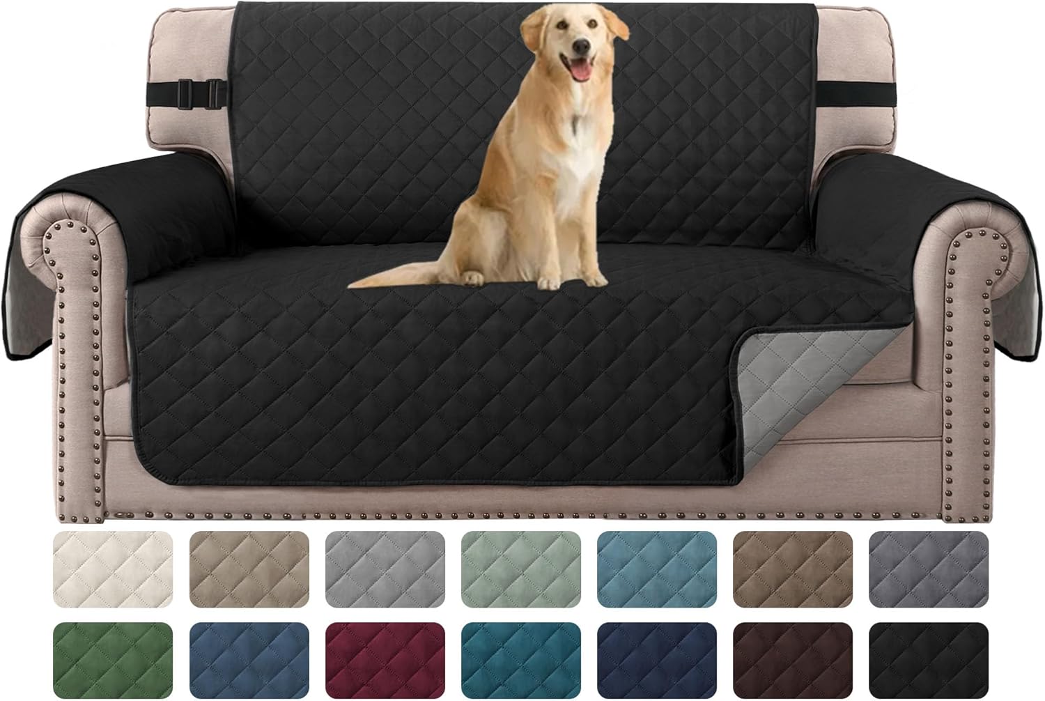 Slipcovers - H.VERSAILTEX Reversible Loveseat Cover Loveseat Slipcover for 2 Cushion Couch Water Resistant Dog Protector Furniture Cover for Pets Non Slip Sofa Couch Cover with Elastic Strap(Loveseat, Black/Grey)
