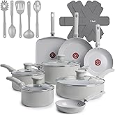 T-Fal Refresh Ceramic Pots and Pans Set, 20-Piece Nonstick Cookware Set, Stockpot, Griddle, Frying Pans, Utensils, Moon Grey