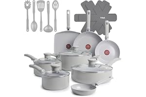 T-FAL Refresh Ceramic Nonstick Cookware Set, 20-Piece, Made Without PFOA and PTFE, Oven and Broiler Safe up to 350°F, Include