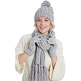 Womens Cable Knit Beanie Hat Scarf Glove Set, Fleece Lined Winter Hats Touchscreen Gloves Long Scarfs for Women