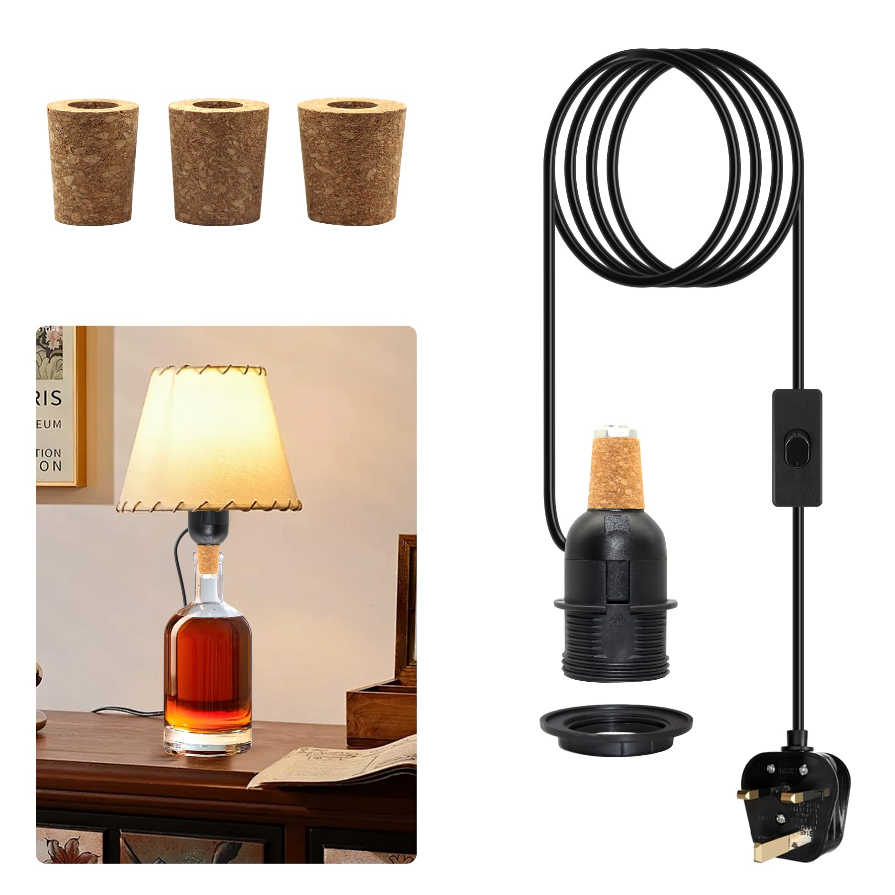 Lamp Kits Do it Yourself, Bottle Lamp Kits, 240cm Black Bottle Lamp Adaptor Kit, E27 Wine Bottle Table Lamp Holder,Lamp Fittings Kit for Floor Lamp,Support Add Lampshade,Includes 3 Sizes of Stoppers