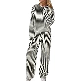 Ythomm Striped Pajamas Womens 2 Piece Sets Long Sleeve Tee Shirts Drawstring Wide Leg Pants Matching Sets Fall Lounge Outfits