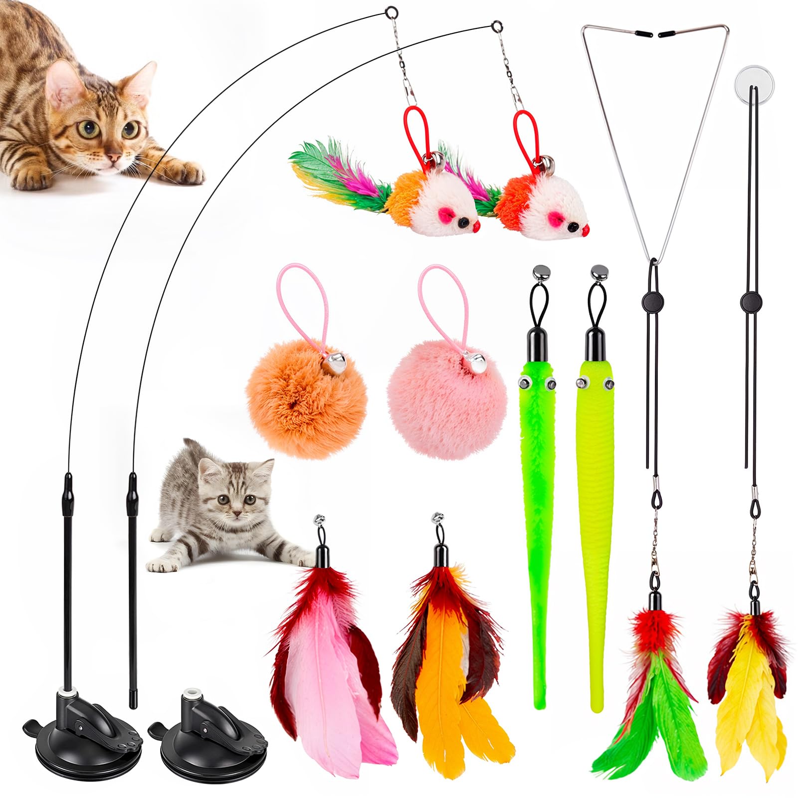 Photo 1 of ***MISSING PARTS***
HOSFROLL Cat Toys, 2 Pack 3 in 1 Interactive Cat Toy for Indoor Cats with Sticky Super Suction Cup Detachable 10 Pcs Replacements Feathers Balls Mice 2 Wand Hanging Door Kitten Toys