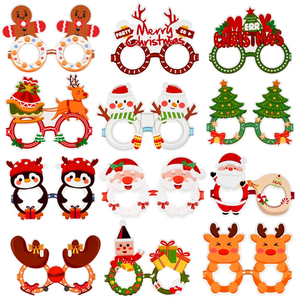 Ainiv 12PCS Christmas Paper Glasses, Novelty Xmas Glasses, Christmas Decoration Costume Party Glasses Frame, Fiesta Eyeglasses, Masquerade Masks, Christmas Party Decorations for Adults Kids