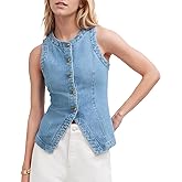 Rseoutlh Women's Denim Vest Sleeveless Button Down Casual Jean Crewneck Waistcoat Denim Top