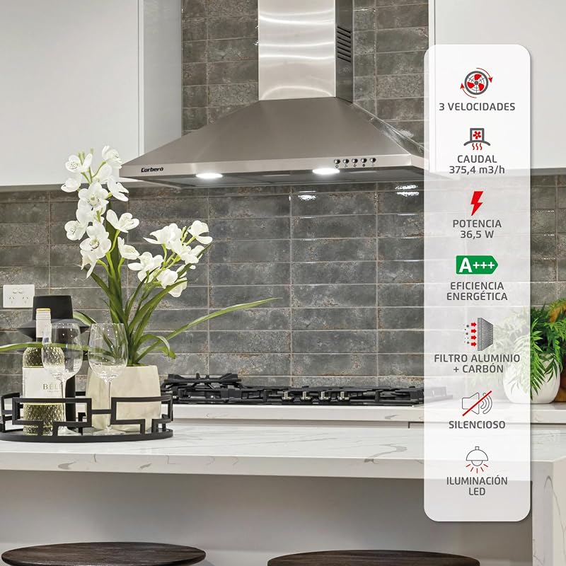 Corberó - Extractor de Pirâmide 60 cm | TEIDE636X |375,4 m3/h | 57db | 36,5 W | 3 velocidades | Controlo por botão de pressão | 2 filtros de alumínio + filtro de carvão | Aço inoxidável