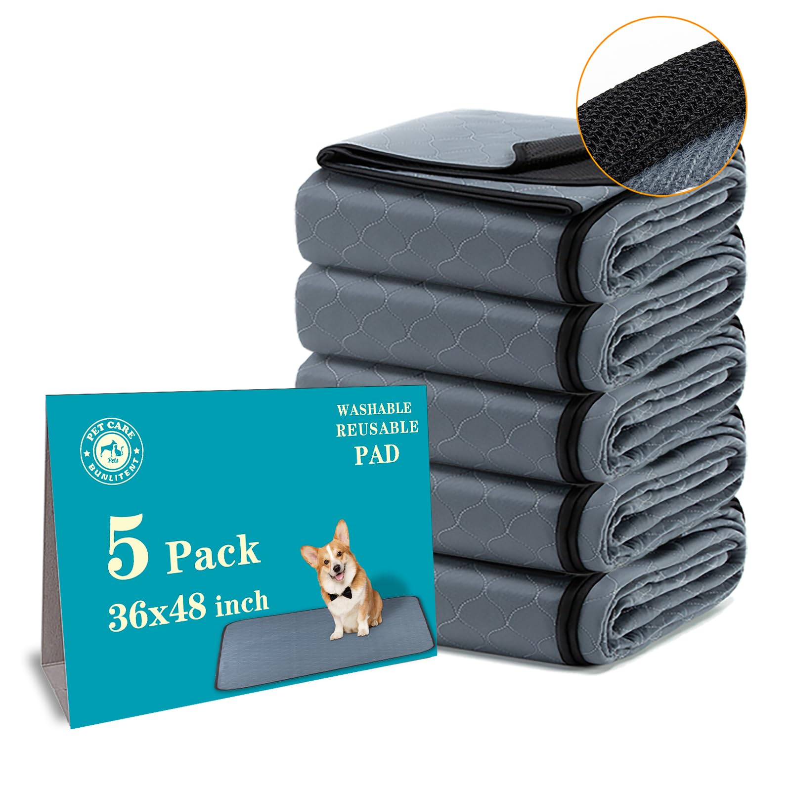 Bunlitent Washable Pee Pads 5 Pack, 36"x48", Reusable Pee Pads for Dogs, Puppy Pads Washable with Quick Dry, Anti-Slip Dog Pee Pads, Whelping Pads, Dog Carpet. Image