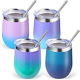 Volhoply 12oz Stainless Steel Wine Tumbler with Lid Bulk 4 Pack,Double Wall Vacuum Stemless Wine Glasses,Reusable Metal Travel Coffe Mug with Straw,Insulated Cup Gifts for Christmas（Assorted,4 Set）