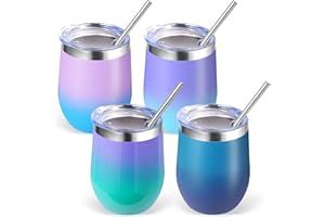 Volhoply 12oz Stainless Steel Wine Tumbler with Lid Bulk 4 Pack,Double Wall Vacuum Stemless Wine Glasses,Reusable Metal Trave