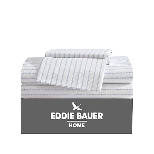 Eddie Bauer - Twin Sheets, Cotton Percale Bedding Set, Crisp & Cool Home Decor (Essential Stripe White, Twin)