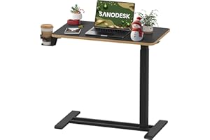 SANODESK Medical Adjustable Overbed Bedside Table with Hidden Casters, Pneumatic Mobile Laptop Computer Standing Desk Cart with Tray, Hospital and Home Use(27.6" W x 15.7" D, Black)