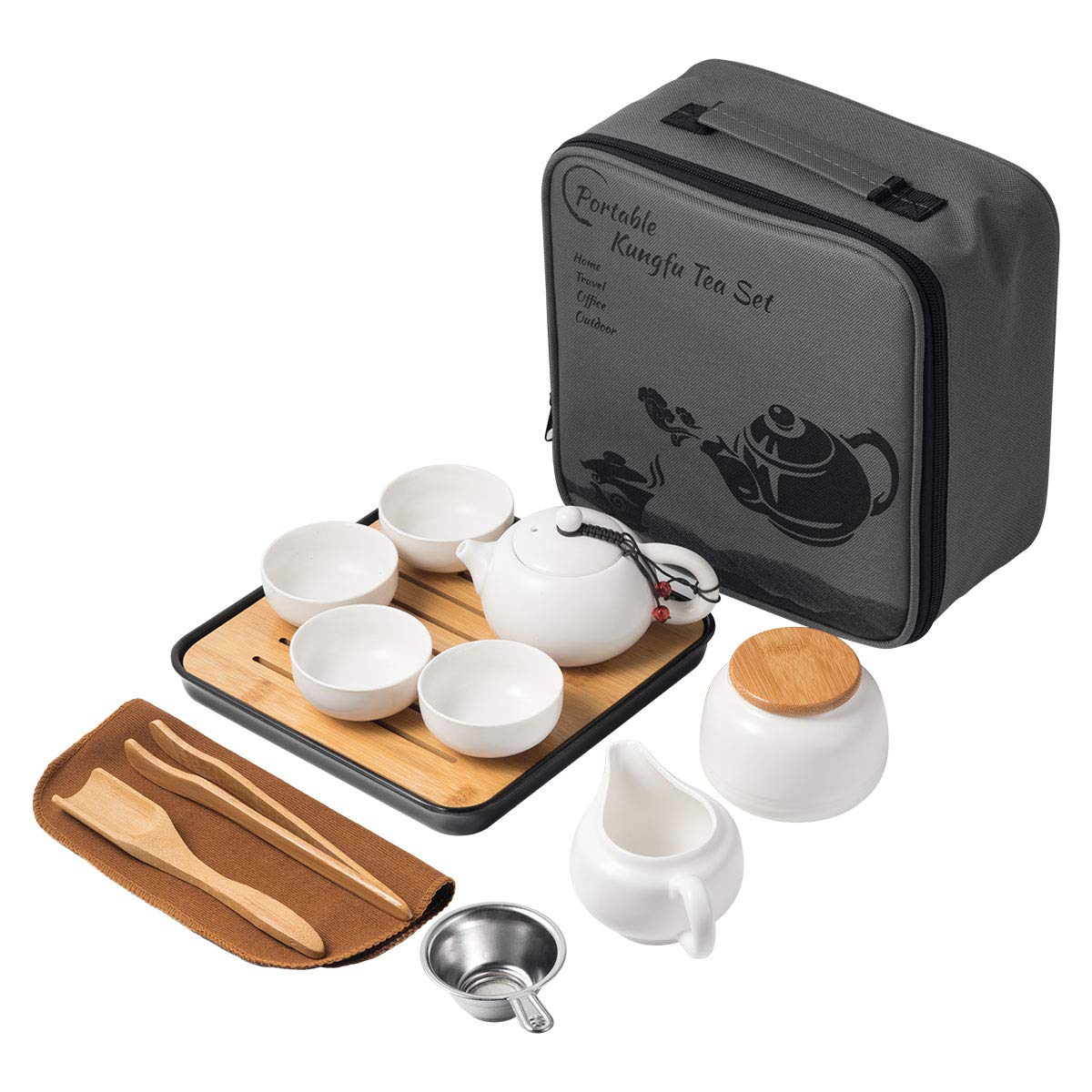 Travel Tea Pot Cup Set with Tray - Chinese Ceramic Tea Pot Infuser Porcelain Teapot, Portable Asain Ceramic Japanese Tea Set Gift Bag All in One for Outdoor Picnic Business Hotel