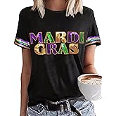 Mardi Shirt for Women Glitter Mask Graphic Tee Short Sleeve Carnival New Orleans Party Tee Top