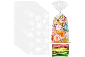 FUSHENMU 120pcs Snowflake Cellophane Candy Bags,Christmas Clear Snowflake Cookie Cellophane Bags with Twist Ties for Christmas Holiday Party Goody Supplies