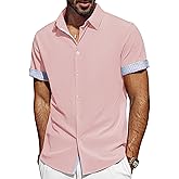 PJ PAUL JONES Men's Short Sleeve Button Down Shirt Wrinkle Free Casual Summer Beach Shirts with Plaid Contrast Flip Cuffs