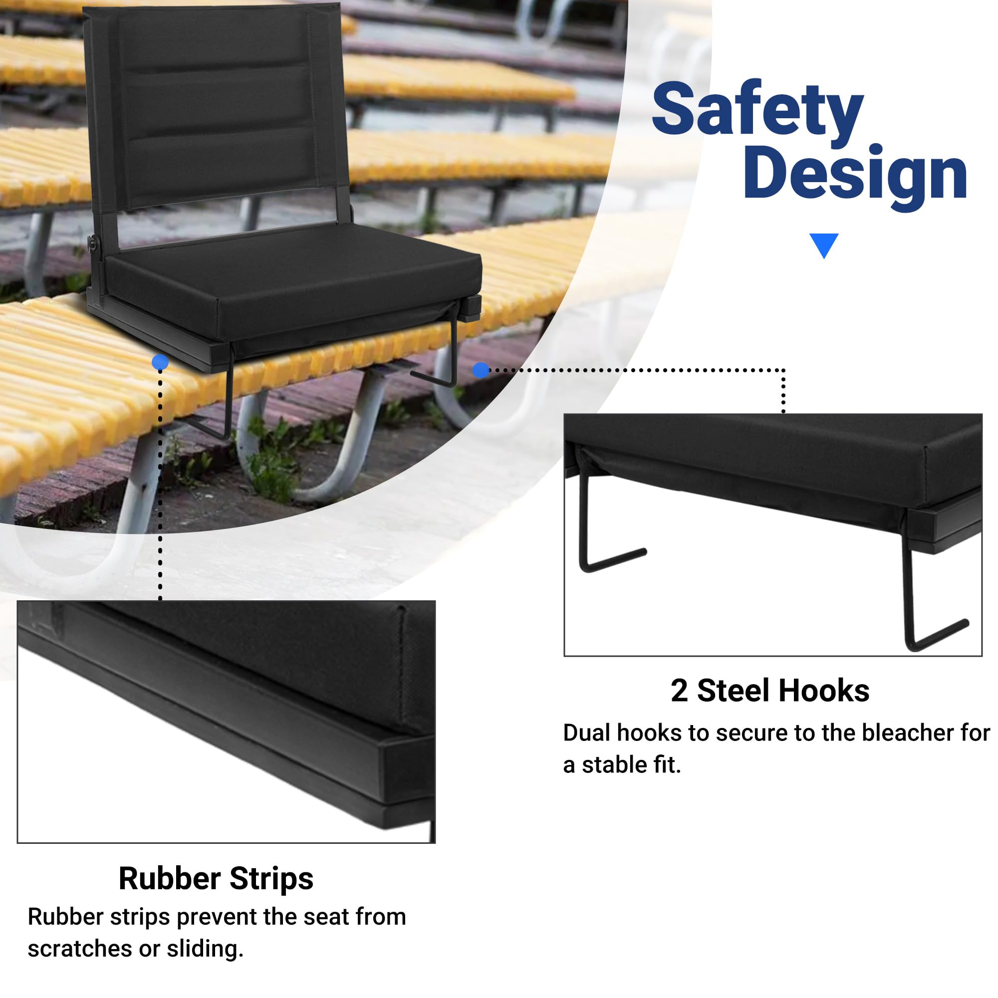Stadium Seats for Bleachers with Back Support, Portable Bleacher Seats with Thick Padded Cushion and Shoulder Strap, Wide Stadium Seat Chair Includes Hooks, Cup Holder and Side Pocket