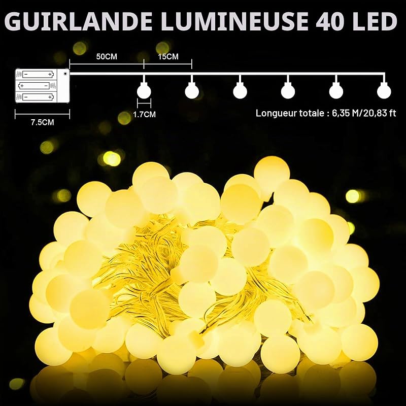 Guirlande Lumineuse chambre, 6m 40LEDs Guirlandes lumineuses boule LED à Pile Blanc Chaud, Décoration Pour Noël, Halloween, Mariage, Anniversaire, Maison, Jardin, Pâques, Terrasse, Pelouse — photo 2 sur 7