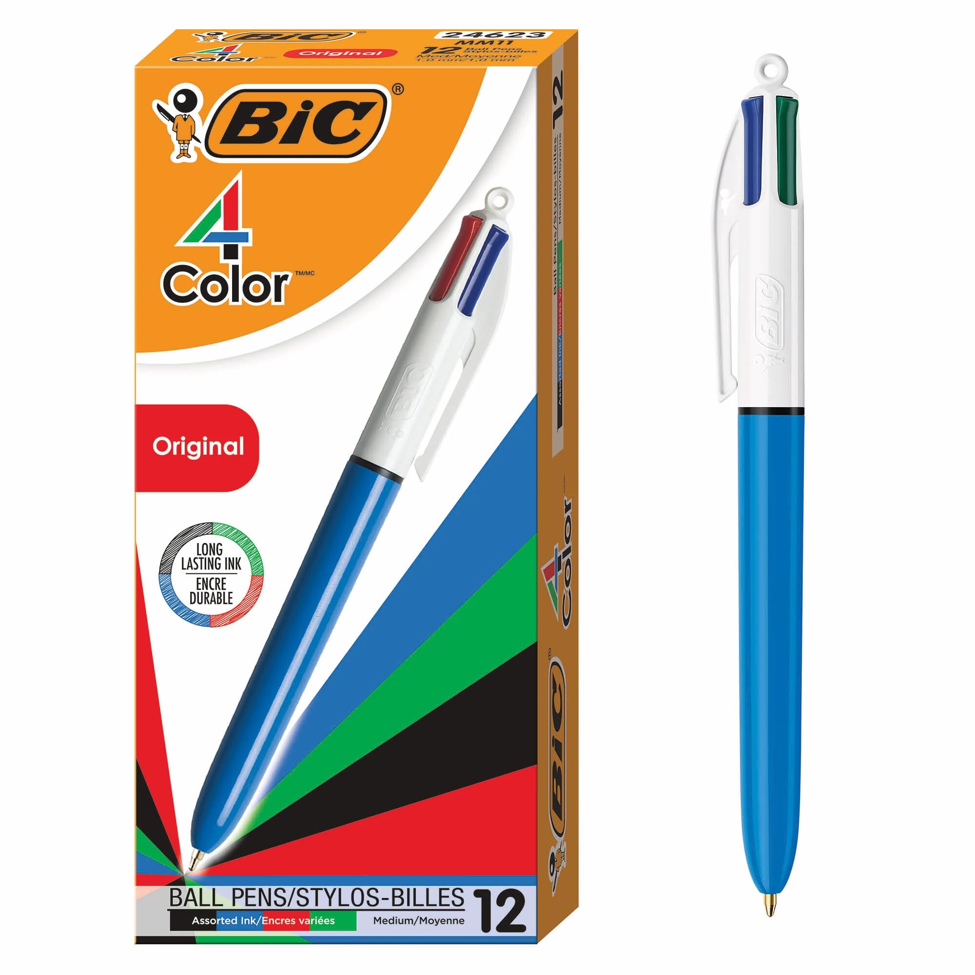 Bic,12 Count (Pack of 1),MM11 4-Color Ballpoint Pen, Medium Point (1.0mm), Assorted Inks, 12-Count, red