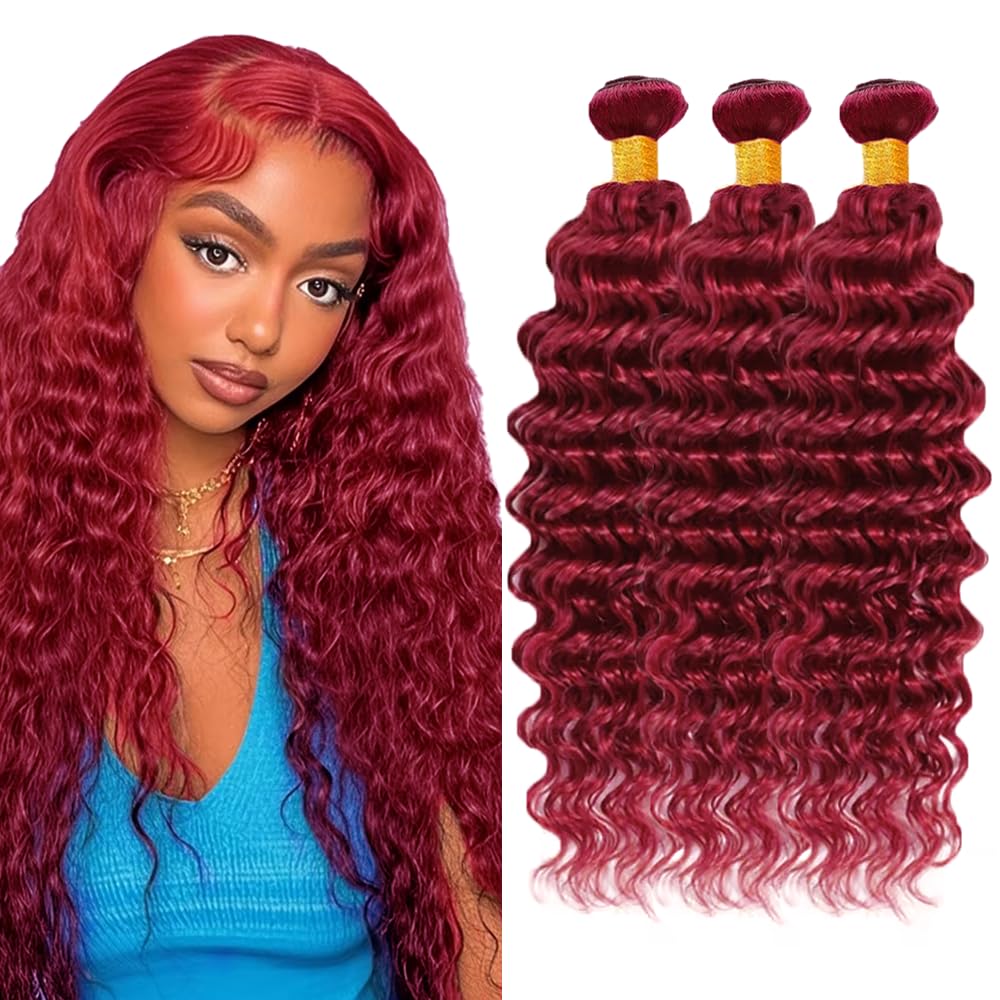 Photo 1 of 28 30 32 Inch 99j Bundles 99j Deep Wave Bundles Brazilian Virgin Remy Hair Extensions Burgundy Wet and Wavy Bundle