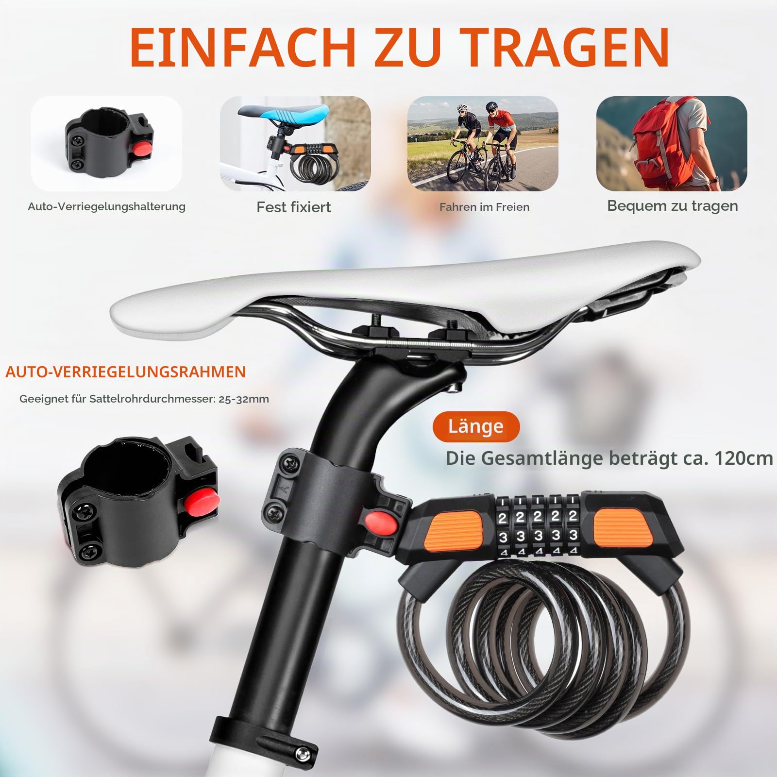 AiQInu Fahrradschloss Zahlenschloss 120cm/12mm Kabelschloss Sicherheitsstufe Sehr Hoch 5-Stellig zahlenschloss für Fahrrad Tricycle Scooter 4