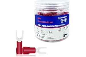 KOLODOGO 250PCS Insulated Fork Spade Wire Connectors, Tinned Red Copper Red U-Type Wire Connector Electrical Crimp Terminal, 8 Stud Size 22-16AWG (#8 Red 22-16 Gauge)