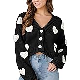 Women Valentines Day Cropped Cardigan Sweaters Love Heart Printed Open Front Button Down Knit Sweaters Tops