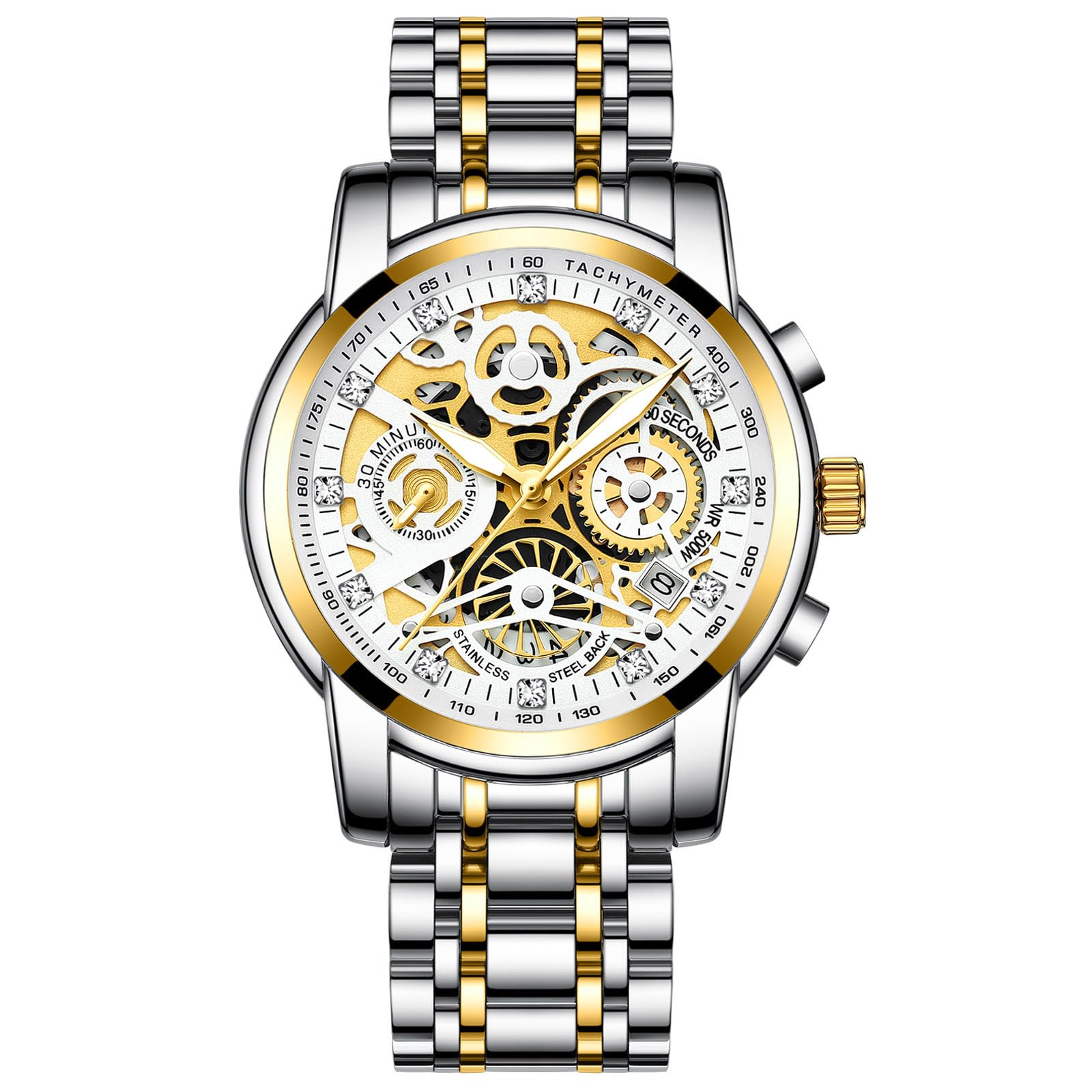 RORIOS Men's Chronograph Waterproof Quartz Analogue Watch Stainless Steel Bracelet Luminous Business Watch for Men, White Gold, Bracelet