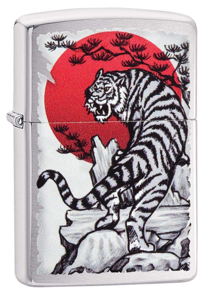 Zippo Windproof Lighter - Japan Tiger - Brushed Chrome, Colour Image - Refillable, Lifetime Use - Adjustable Flame - Gift Box - Metal Construction - Made in USA